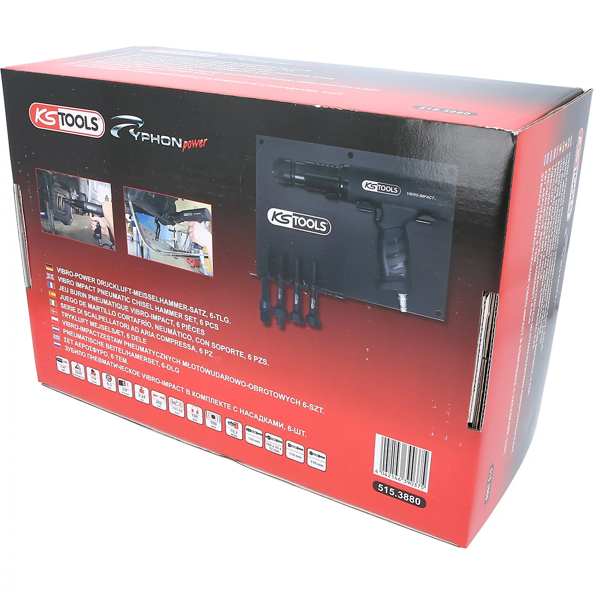 Produktbox der Marke KS Tools mit einem pneumatischen Schlaghammer und Zubehör. Aufdrucke zeigen Produktmerkmale.